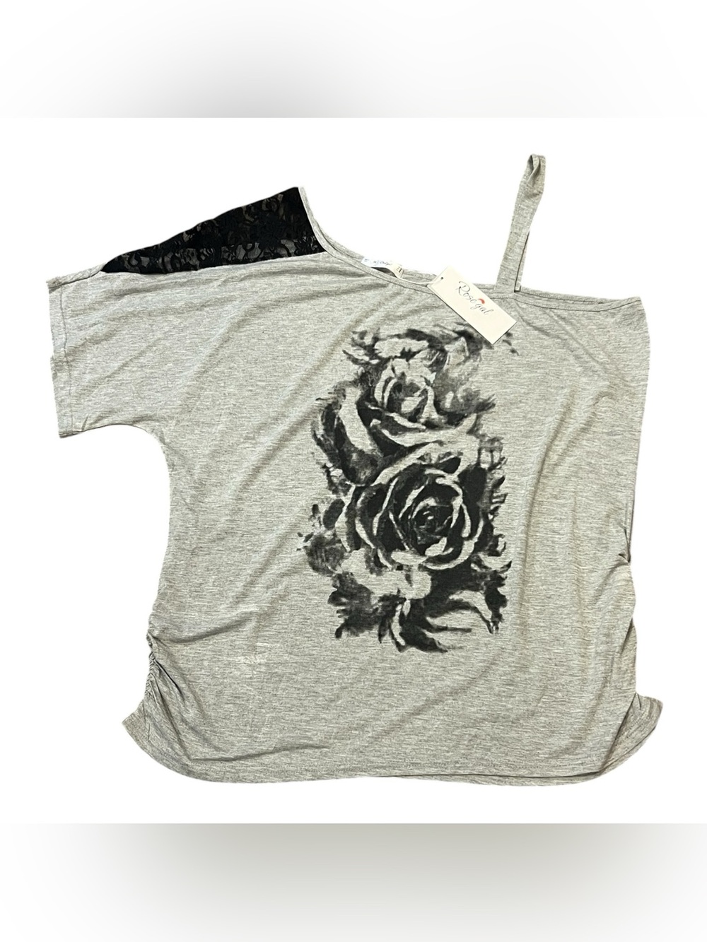 Rosegal Gray Half Tank Half Sleeve Floral Print Top with Black Lace Accent